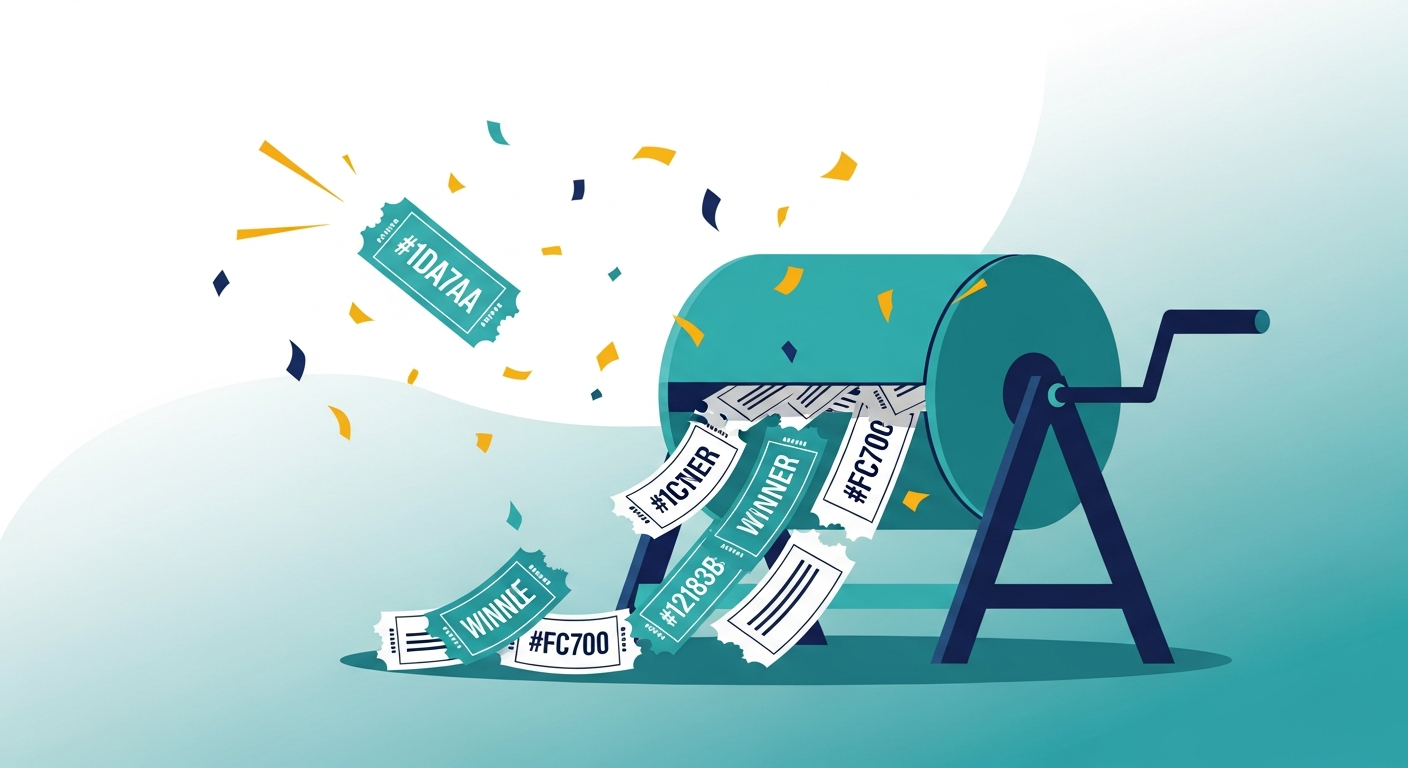 Illustration of a raffle drum with tickets and gold confetti, celebrating a successful raffle drawing
